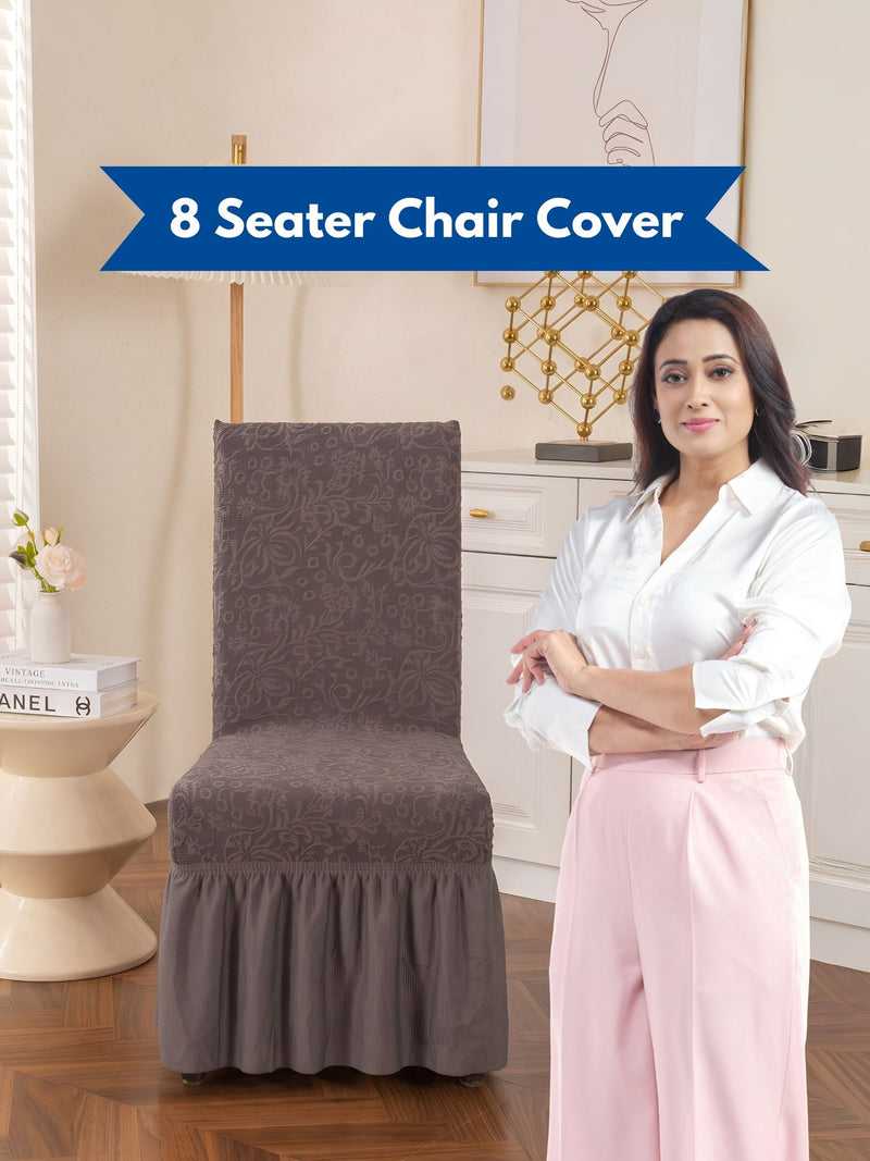 Premium Jacquard Stretch Dining Chair Covers with Ruffle Frill Skirt – Pack of 8 (Grey / Dark Grey)