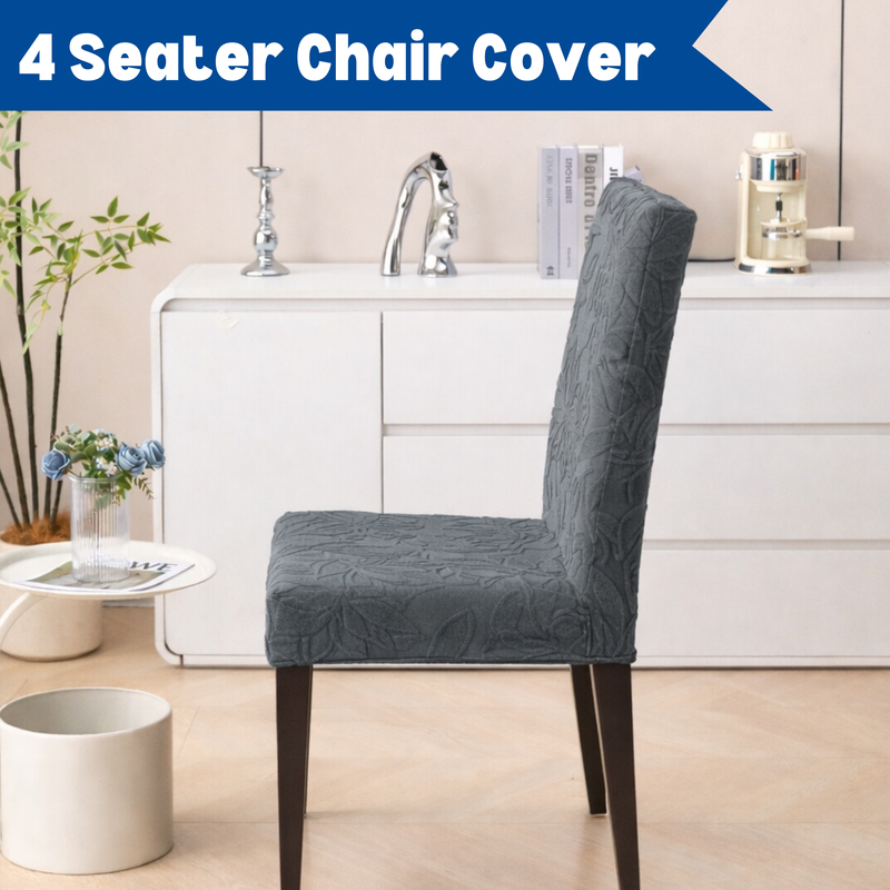 Premium 4 Seater Chair Cover Set - 220 GSM Knitted Jacquard, Floral Textured Elastic Slipcovers (Grey)