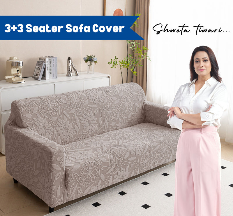 Premium 3+3 Seater Sofa Cover Set - Knitted Jacquard, Floral Textured Elastic Slipcovers (Brown)