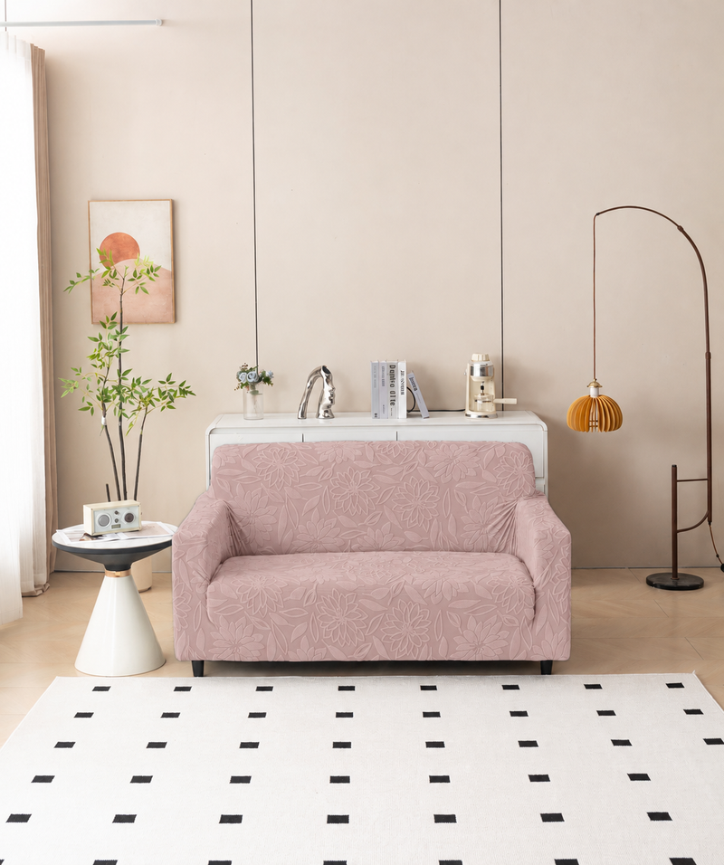 Premium 2 Seater Sofa Cover - Knitted Jacquard, Floral Textured Elastic Slipcover (Pink)