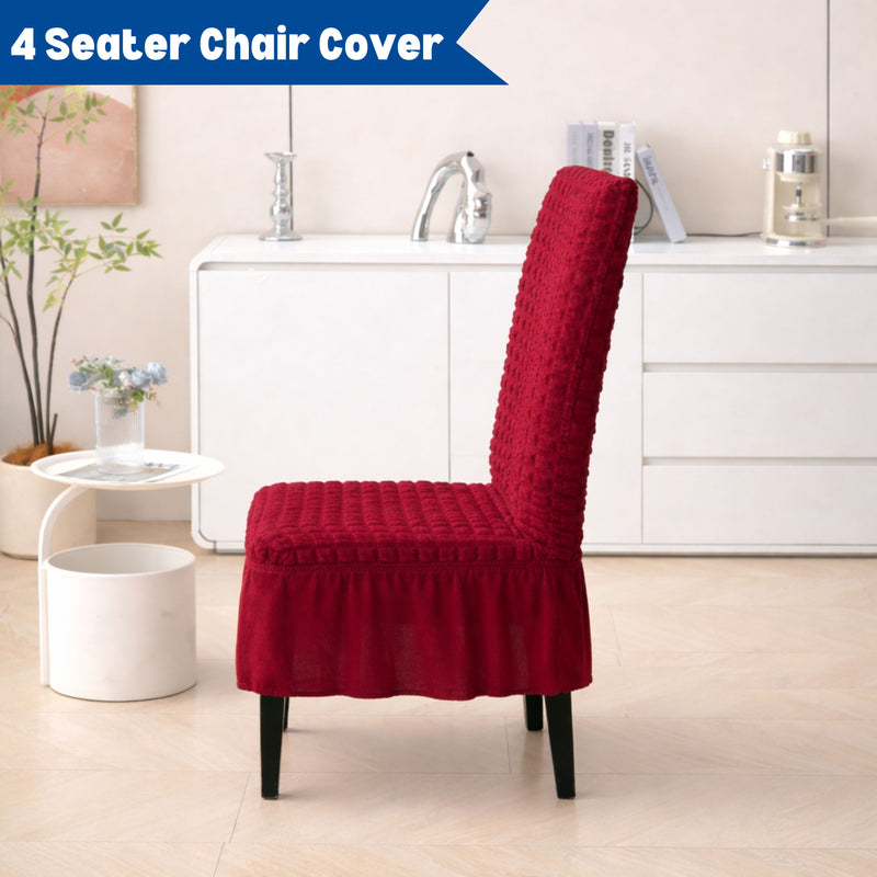 Premium 4 Seater Chair Cover Set with Frill - 280 GSM Bubble Textured Elastic Slipcovers (Maroon)
