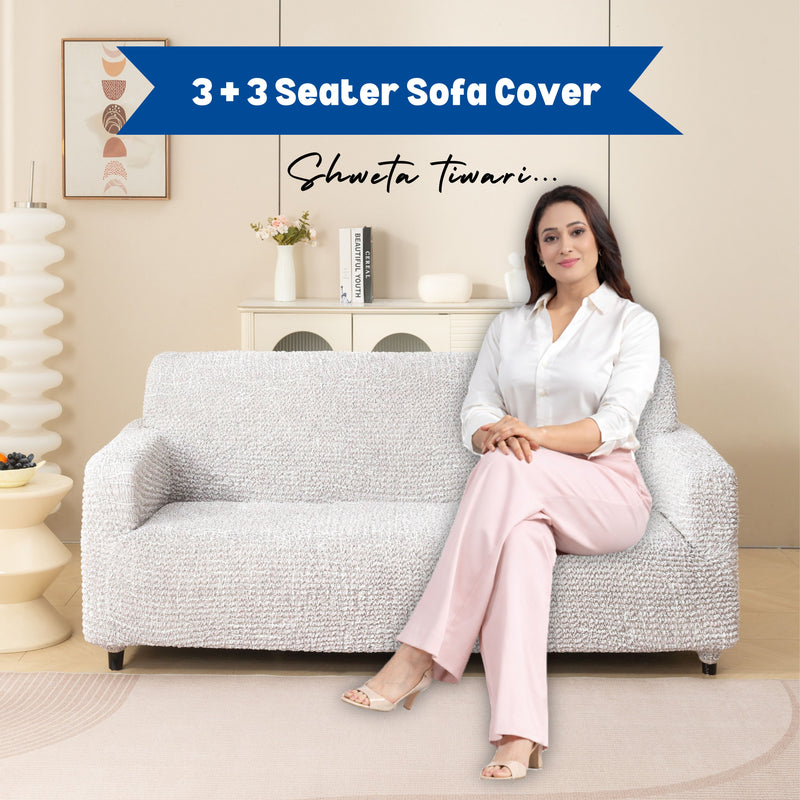 Premium 3+3 Seater Sofa Cover Set - Microfiber Stretchable Italian Textured Slipcovers (Cream)