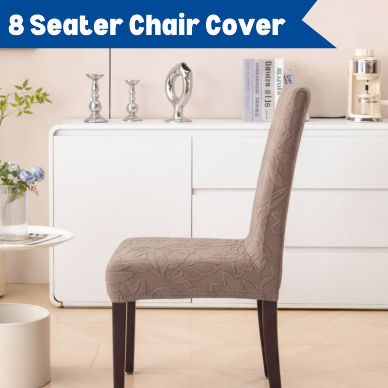 Premium 8 Seater Chair Cover Set - 220 GSM Knitted Jacquard, Floral Textured Elastic Slipcovers (Brown)