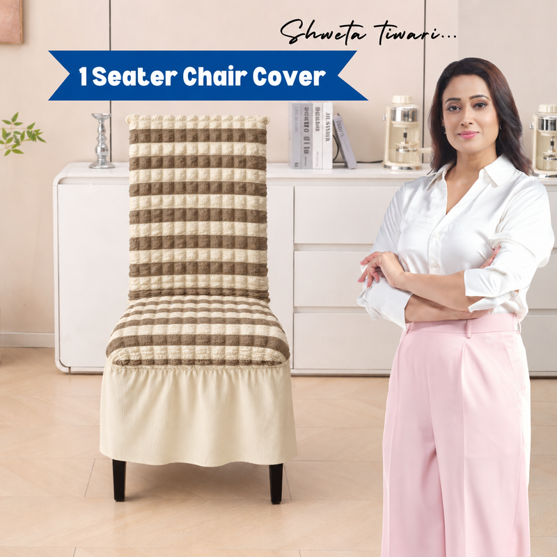 Reference image of Beige-Brown striped single chair cover with frill