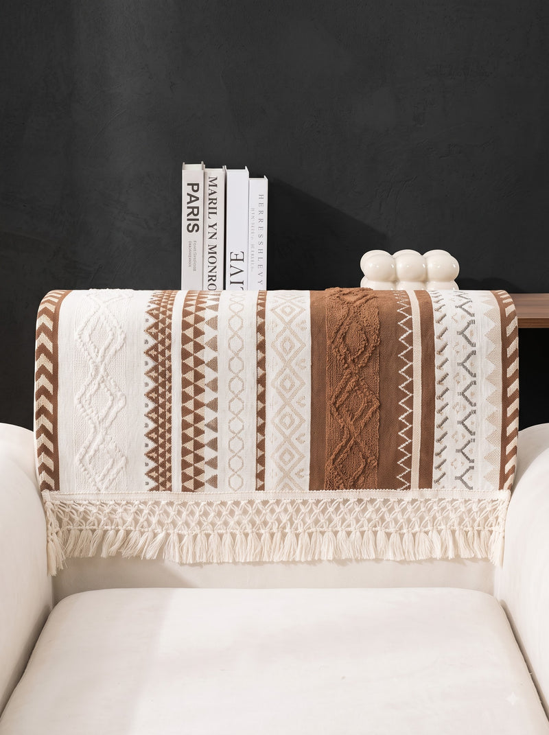 Premium Bohemian Sofa Backrest Cover with Fringe (70x90 cm) | Ethnic Knit Sofa Towel (Recommended)  Modern Boho Chair & Sofa Backrest Cover - Geometric Pattern (70x90 cm)