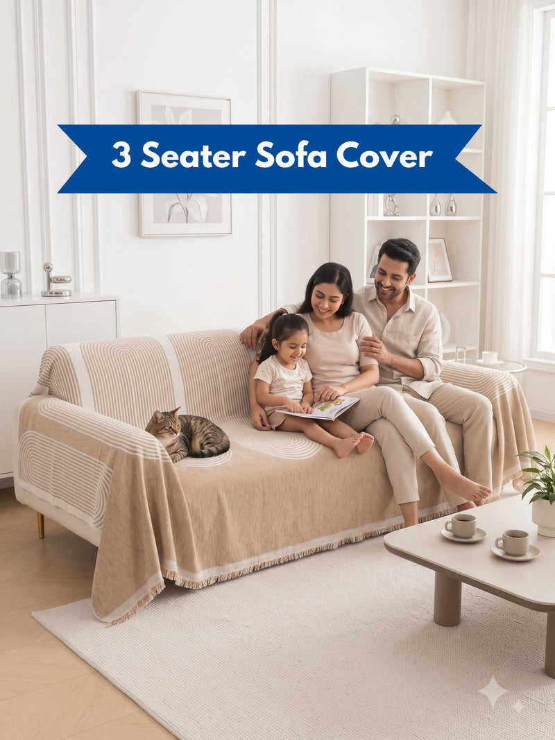 Minimalist Geometric Arch Printed 3-Seater Sofa Cover with Fringe Details | Couch Slipcover Protector