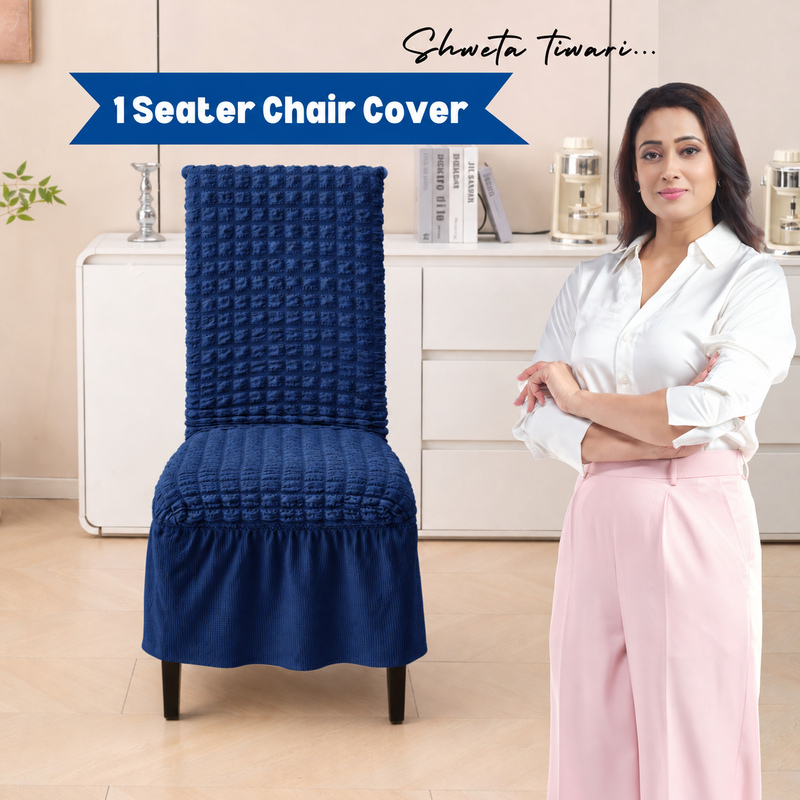 Dark-Blue bubble-textured single chair cover with frill