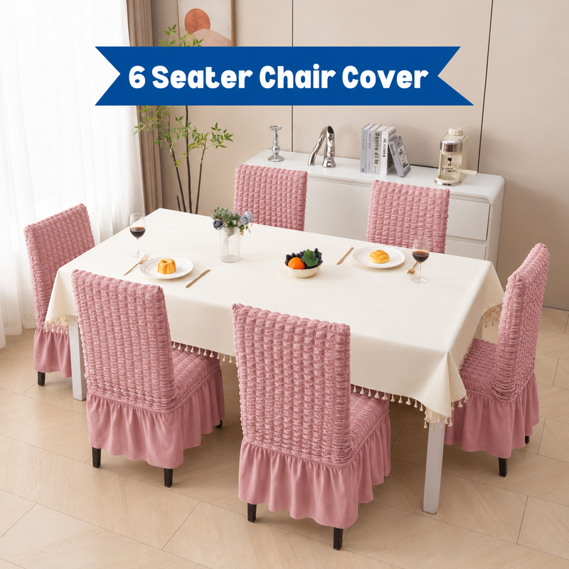 Six Pink chair covers around a dining table