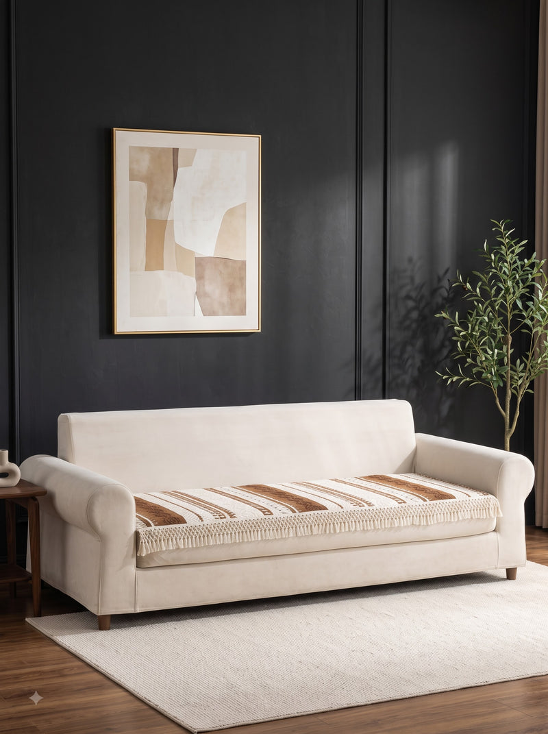 Premium Bohemian Striped 3-Seater Sofa Seat Cover Mat with Fringe (70 x 180 cm)