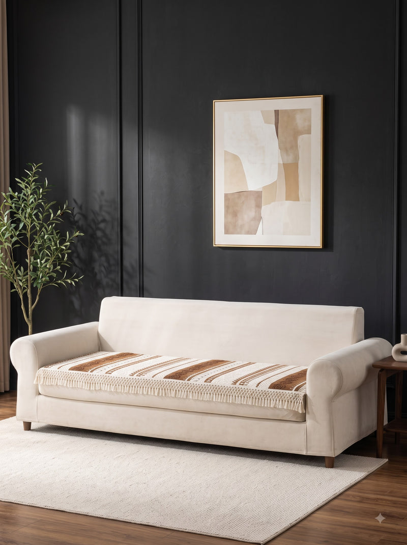 Premium Bohemian Striped 3-Seater Sofa Seat Cover Mat with Fringe (70 x 180 cm)