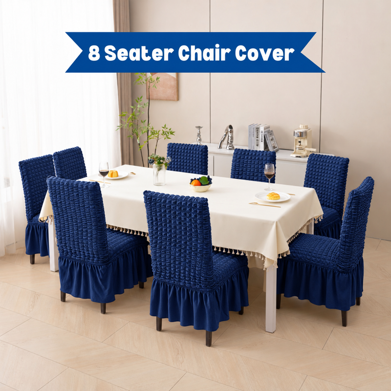 Eight Dark-Blue chair covers around a dining table
