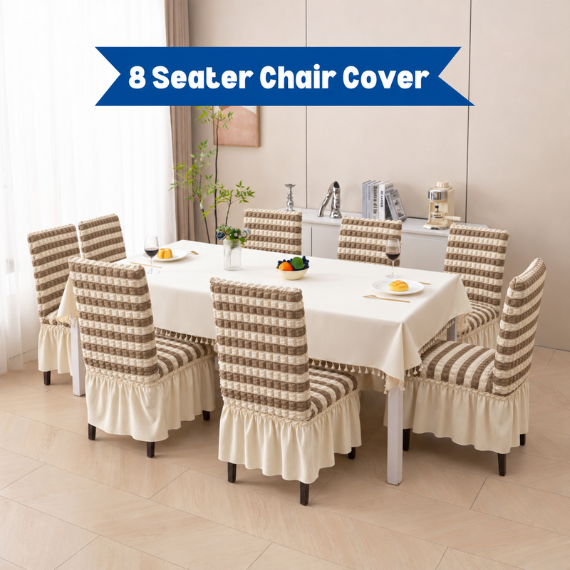 Beige-Brown striped chair covers with ivory frill, pack of 8