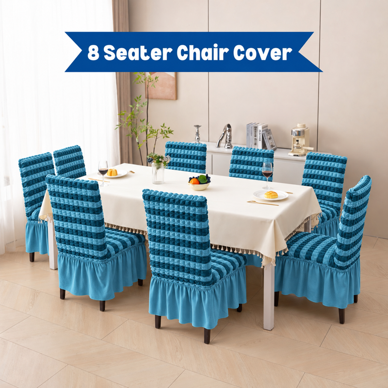 Eight DarkBlue-LightBlue striped chair covers around a dining table