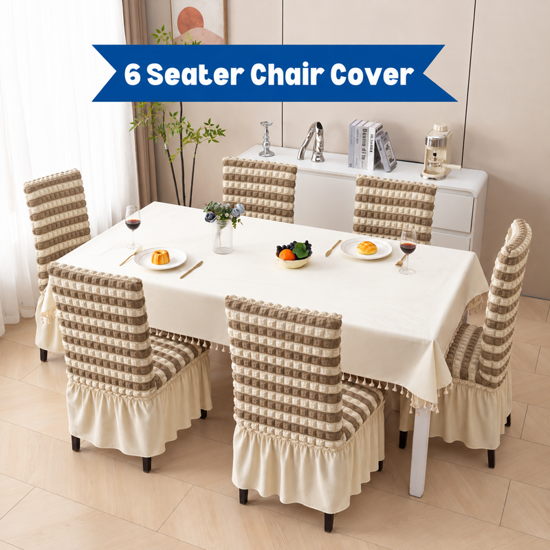 Beige-Brown striped chair covers with ivory frill, pack of 6