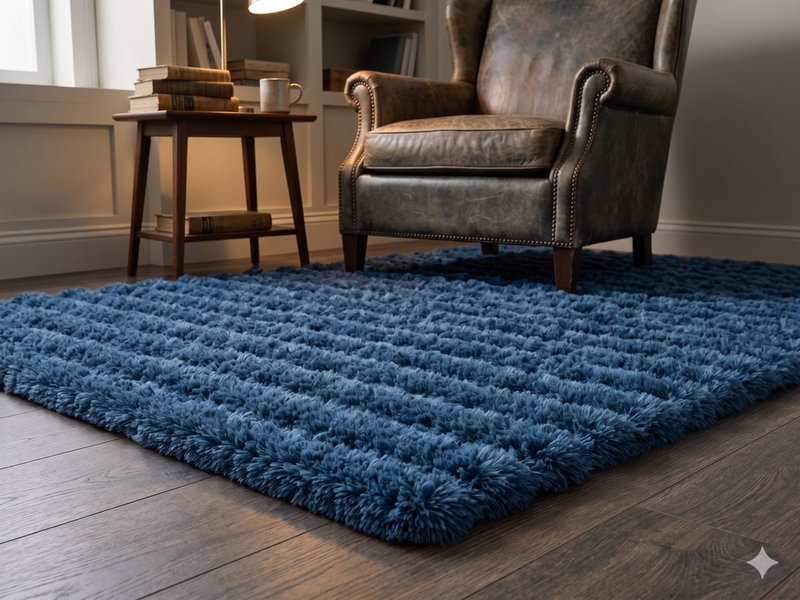 MAGICAL Premium Faux Rabbit Fur Bubble Area Carpet (Blue)