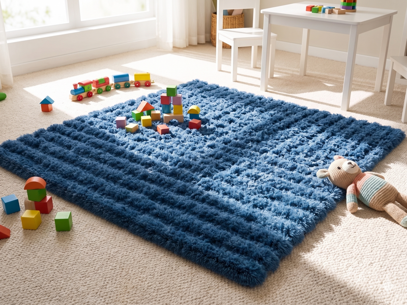 MAGICAL Premium Faux Rabbit Fur Bubble Area Carpet (Blue)