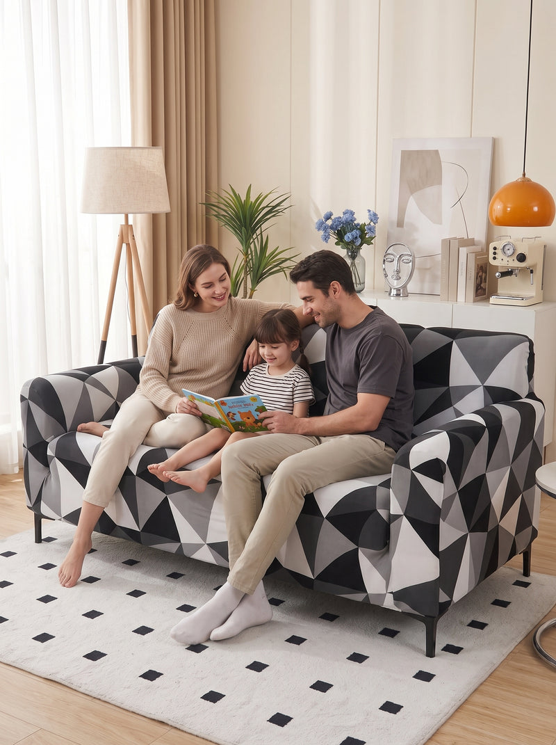 Black Prism Stretchable Sofa Cover Set – 3+1+1 Seater Elastic Slipcover, Anti-Slip Polyester Protector