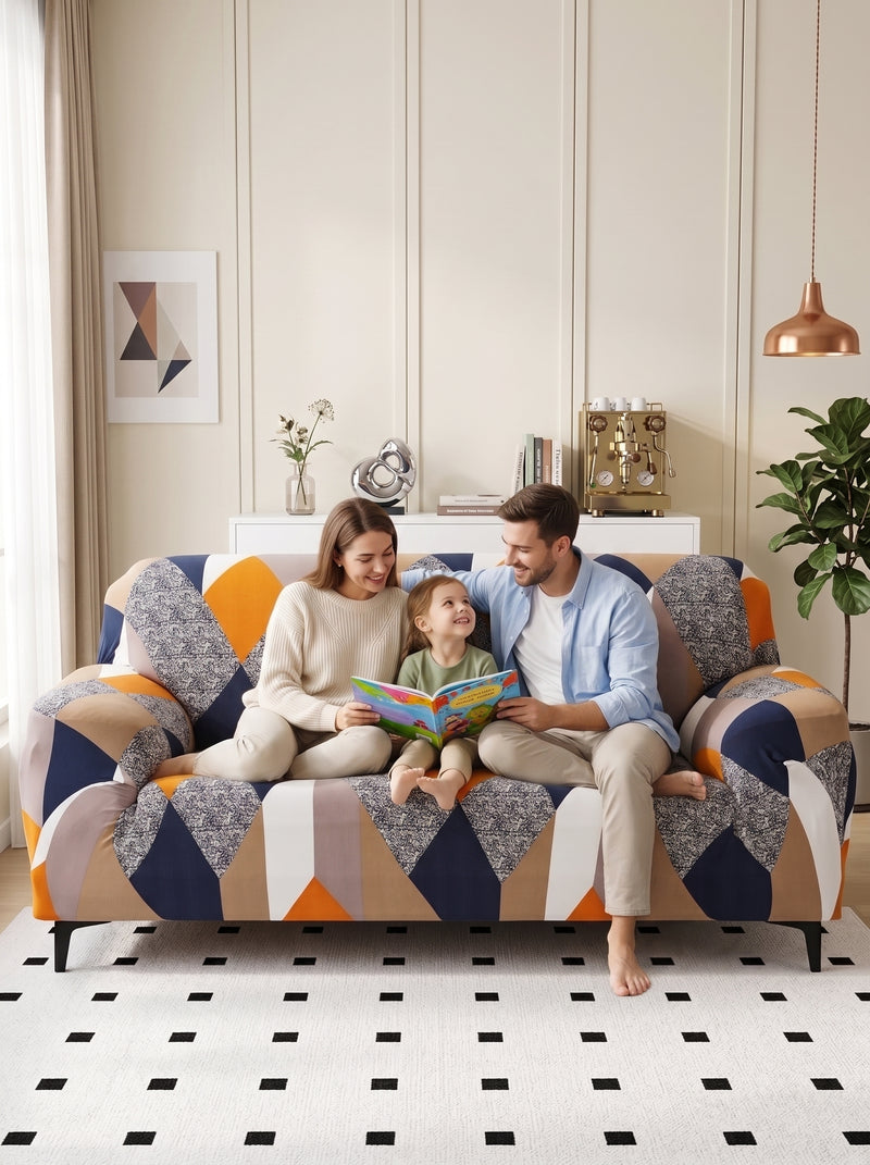 Blend Geometric Stretchable Sofa Cover Set – 3+1+1 Seater Elastic Slipcover, Anti-Slip Polyester Protector