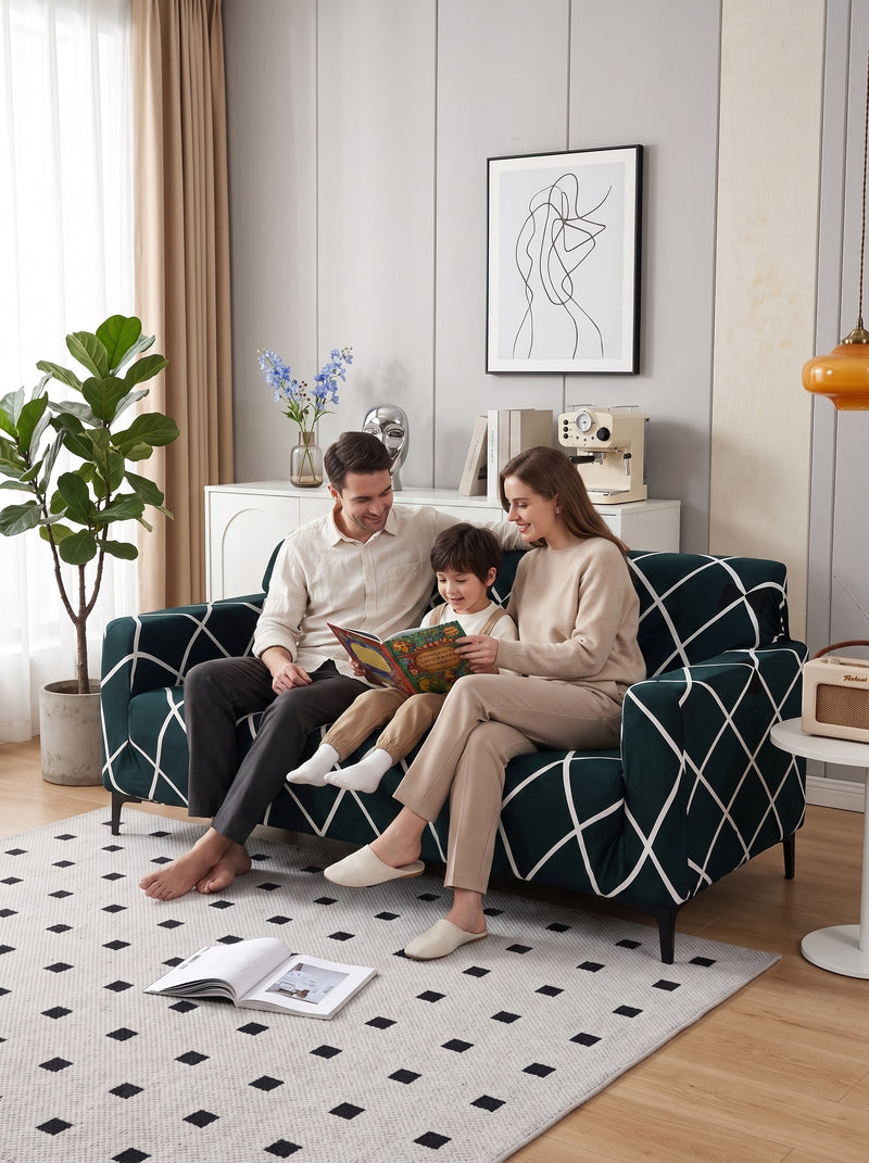 Blue Diamond Stretchable Sofa Cover Set – 3+1+1 Seater Elastic Slipcover, Anti-Slip Polyester Protector