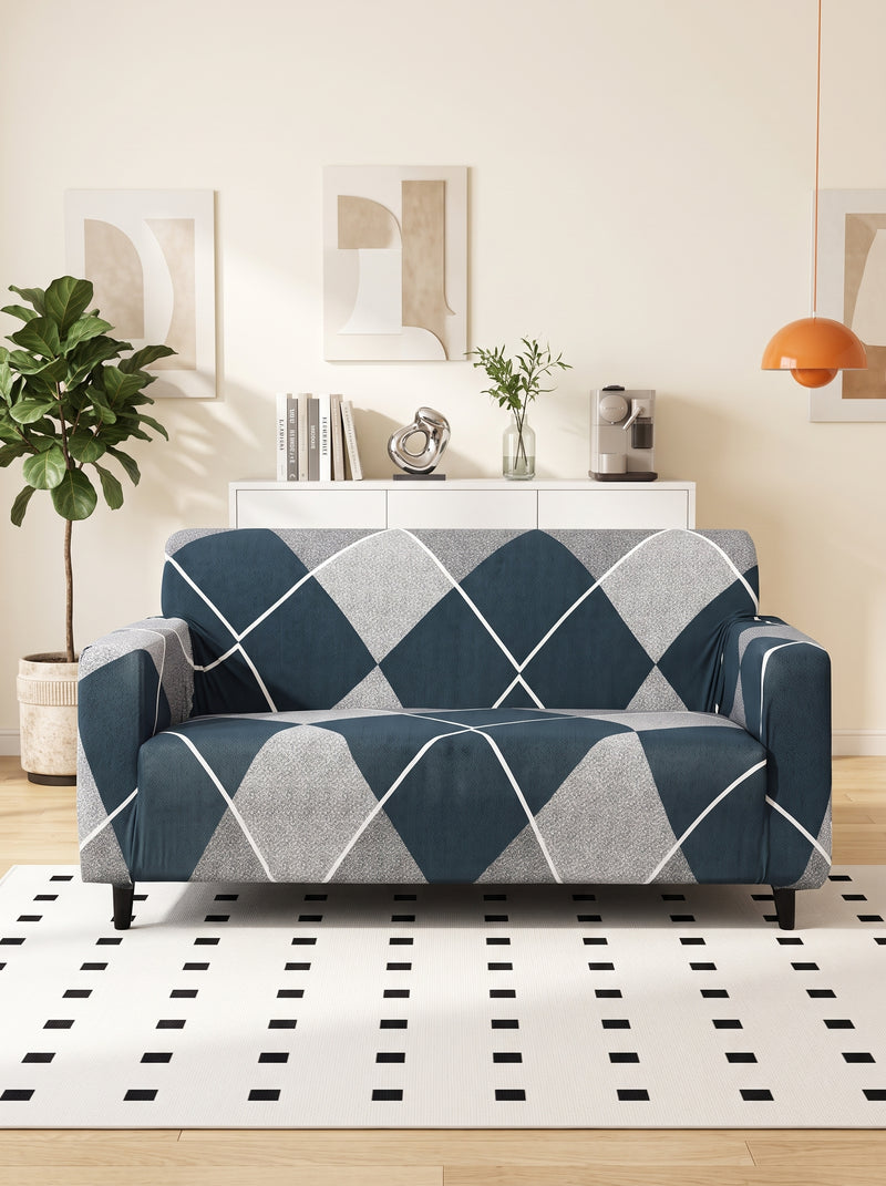 Blue Rhombus Stretchable Sofa Cover – 3+1+1 Seater Elastic Slipcover, Anti-Slip Polyester Protector