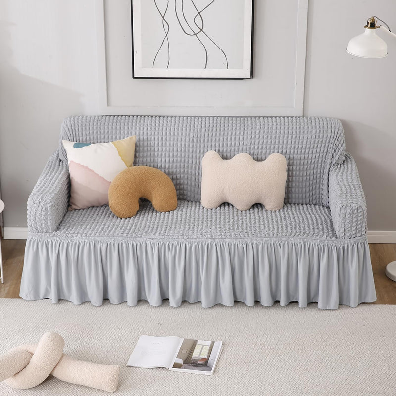 Bubble Grey Elastic Sofa Cover – 3 Seater Frill Slipcover Protector, Poly Cotton Stretch Fit