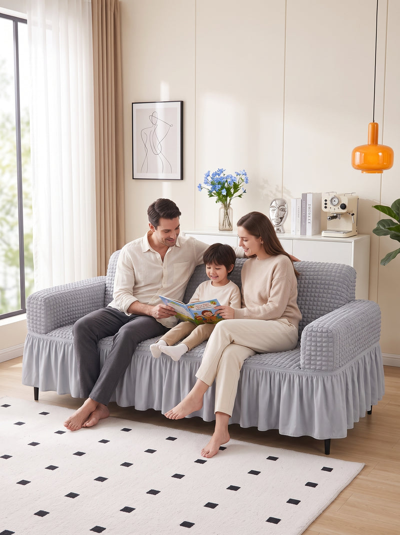 Bubble Grey Elastic Sofa Cover – 3 Seater Frill Slipcover Protector, Poly Cotton Stretch Fit