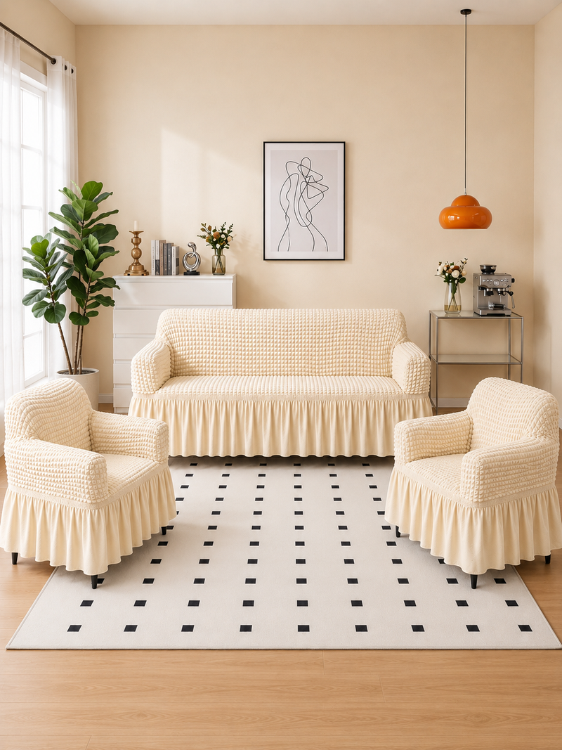 Bubble Cream Elastic Sofa Cover – 3+1+1 Seater Frill Slipcover Protector, Poly Cotton Stretch Fit