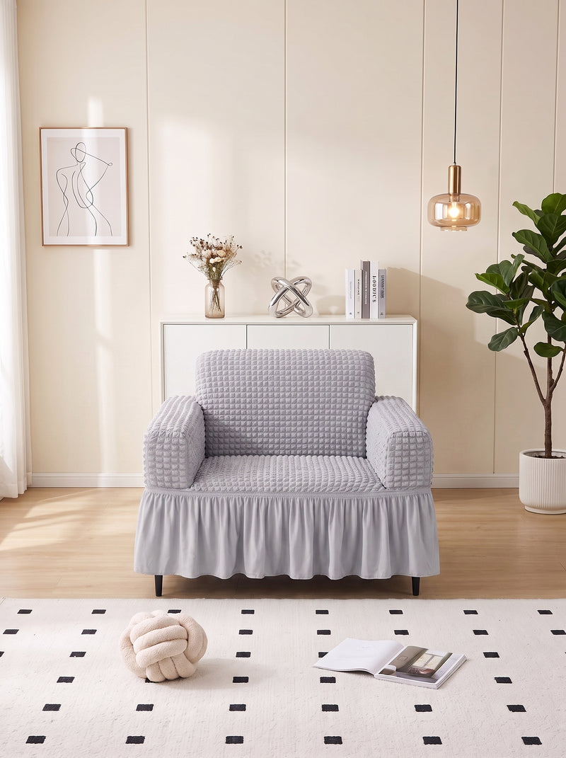 Bubble Grey Elastic Sofa Cover Set – 3+1+1 Seater Frill Slipcover Protector, Poly Cotton Stretch Fit