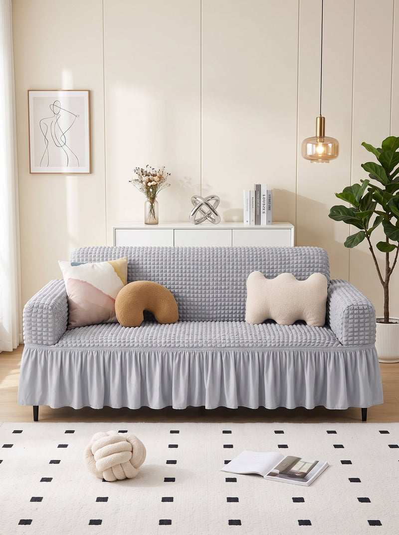Bubble Grey Elastic Sofa Cover Set – 3+1+1 Seater Frill Slipcover Protector, Poly Cotton Stretch Fit