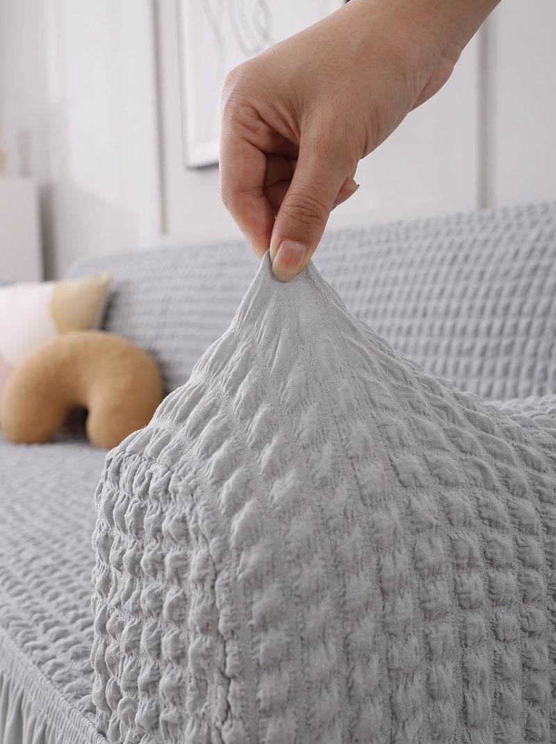 Bubble Grey Elastic Sofa Cover Set – 3+1+1 Seater Frill Slipcover Protector, Poly Cotton Stretch Fit