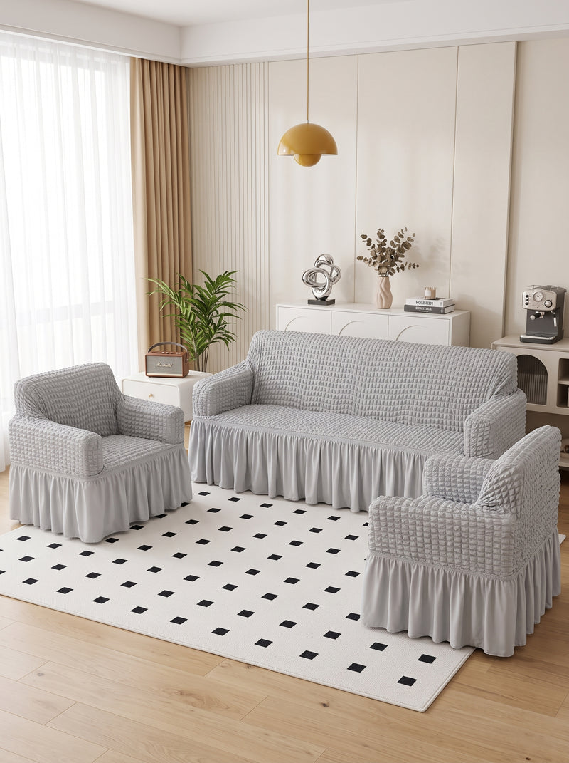 Bubble Grey Elastic Sofa Cover Set – 3+1+1 Seater Frill Slipcover Protector, Poly Cotton Stretch Fit