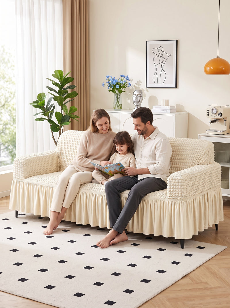 Bubble Cream Elastic Sofa Cover – 3+1+1 Seater Frill Slipcover Protector, Poly Cotton Stretch Fit