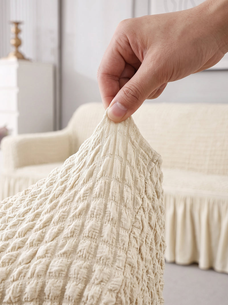 Bubble Cream Elastic Sofa Cover – 3+1+1 Seater Frill Slipcover Protector, Poly Cotton Stretch Fit