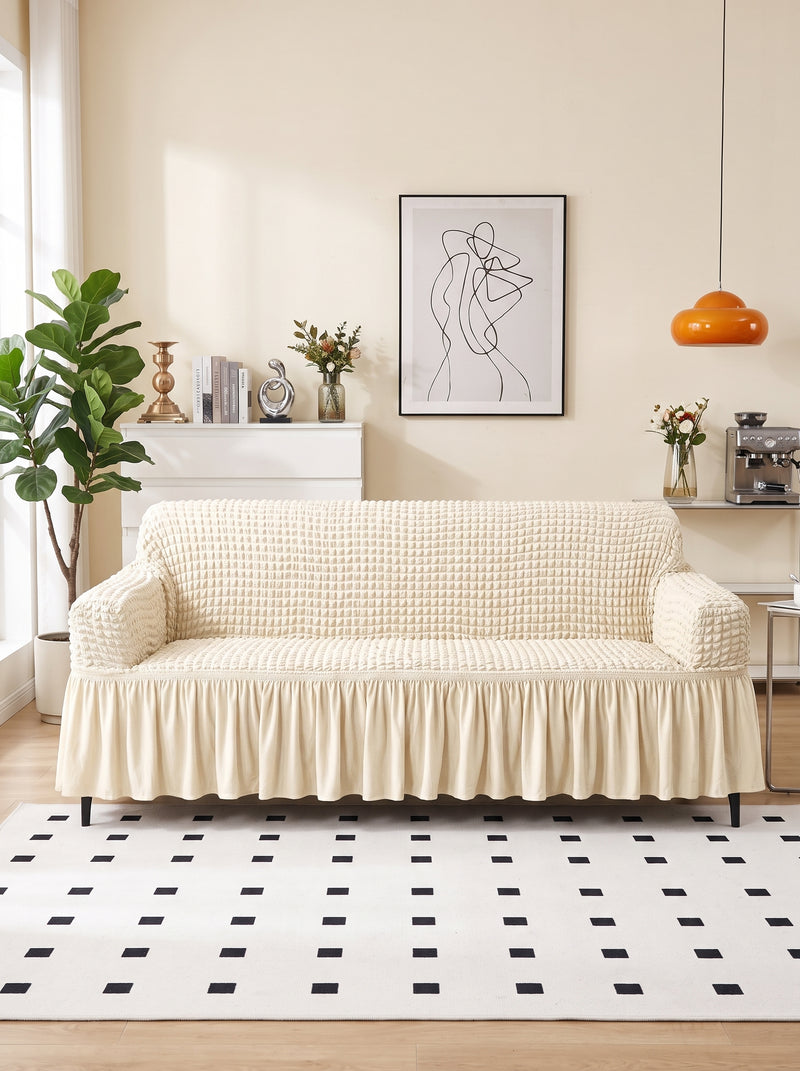 Bubble Cream Elastic Sofa Cover – 3+1+1 Seater Frill Slipcover Protector, Poly Cotton Stretch Fit