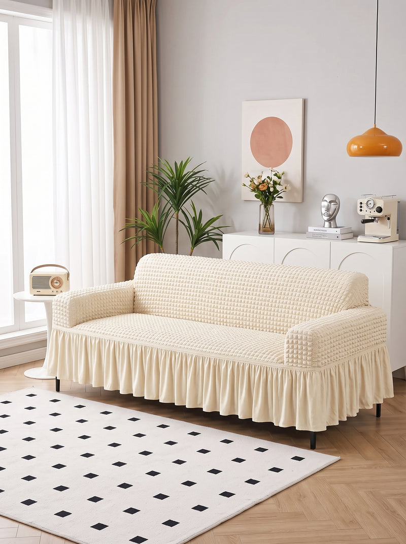 Bubble Cream Elastic Sofa Cover – 3+1+1 Seater Frill Slipcover Protector, Poly Cotton Stretch Fit