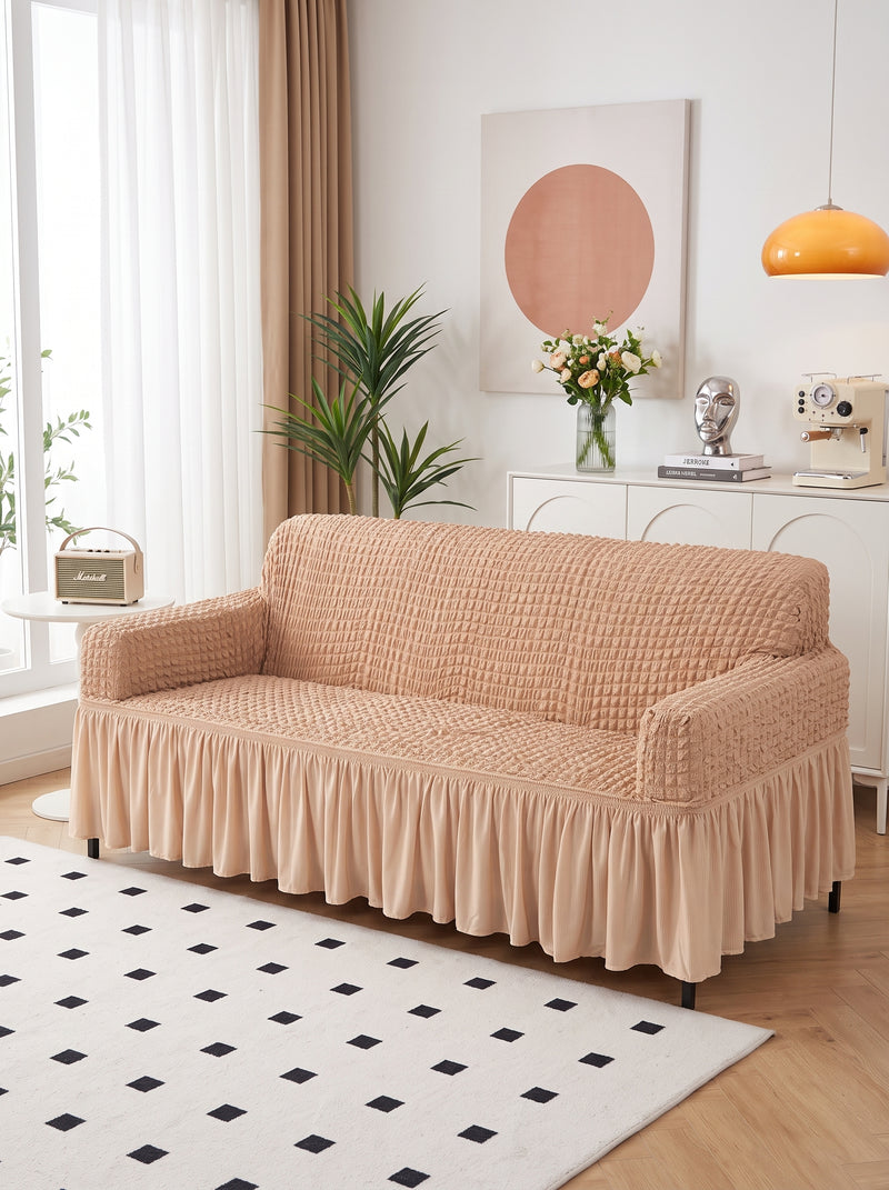 Bubble Sand Beige Elastic Sofa Cover Set – 3+1+1 Seater Frill Slipcover Protector, Poly Cotton