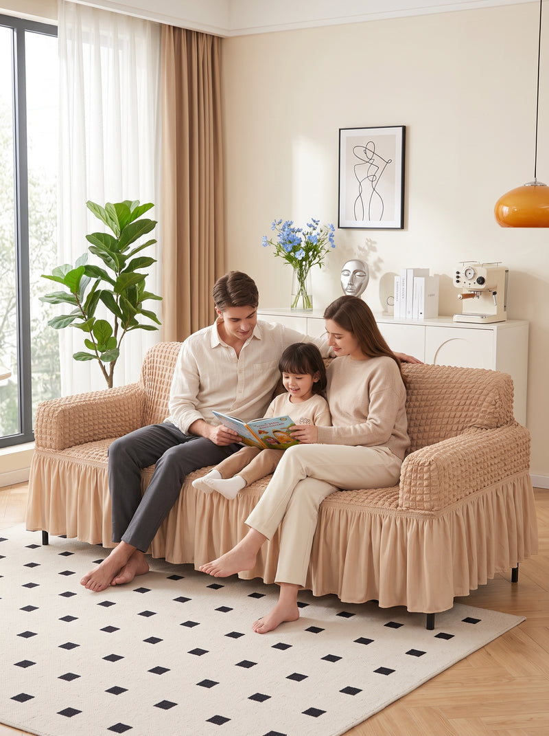 Bubble Sand Beige Elastic Sofa Cover Set – 3+1+1 Seater Frill Slipcover Protector, Poly Cotton