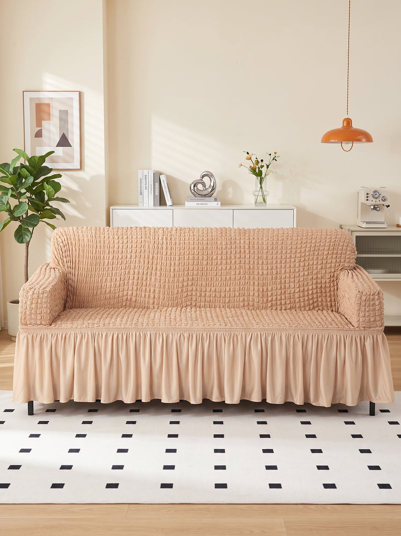 Bubble Sand Beige Elastic Sofa Cover Set – 3+1+1 Seater Frill Slipcover Protector, Poly Cotton