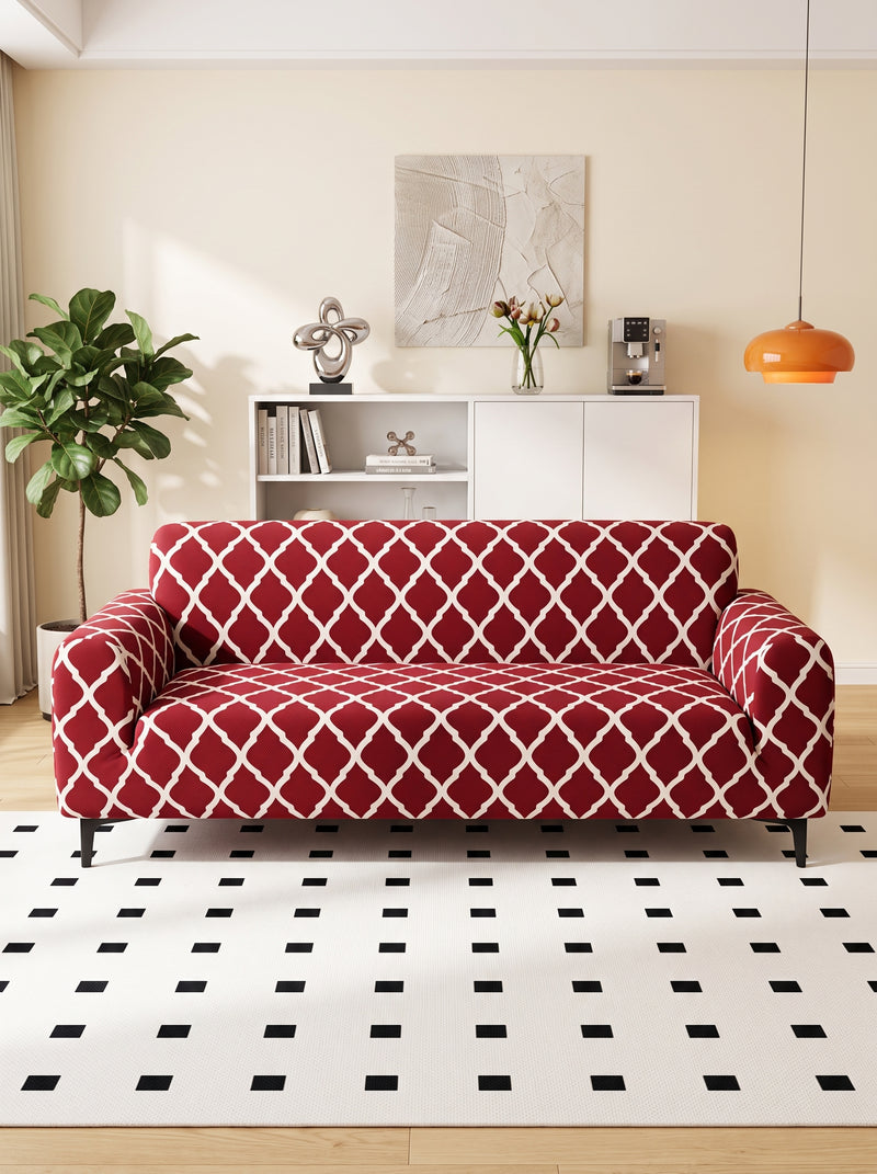 Burgundy Geometric Stretchable Sofa Cover – 3+1+1 Seater Elastic Slipcover, Anti-Slip Polyester Protector
