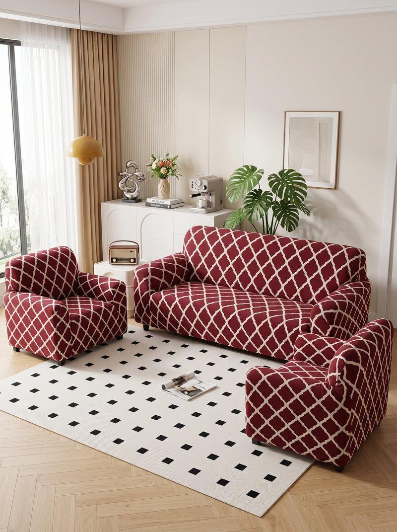 Burgundy Geometric Stretchable Sofa Cover – 3+1+1 Seater Elastic Slipcover, Anti-Slip Polyester Protector