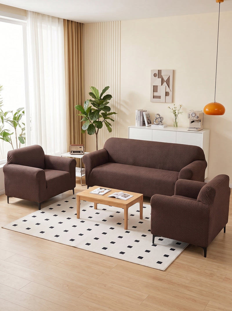 Emboss Brown Non-Slip Sticky Sofa Cover Set – 3+1+1 Seater Elastic Stretchable Polyester Slipcover