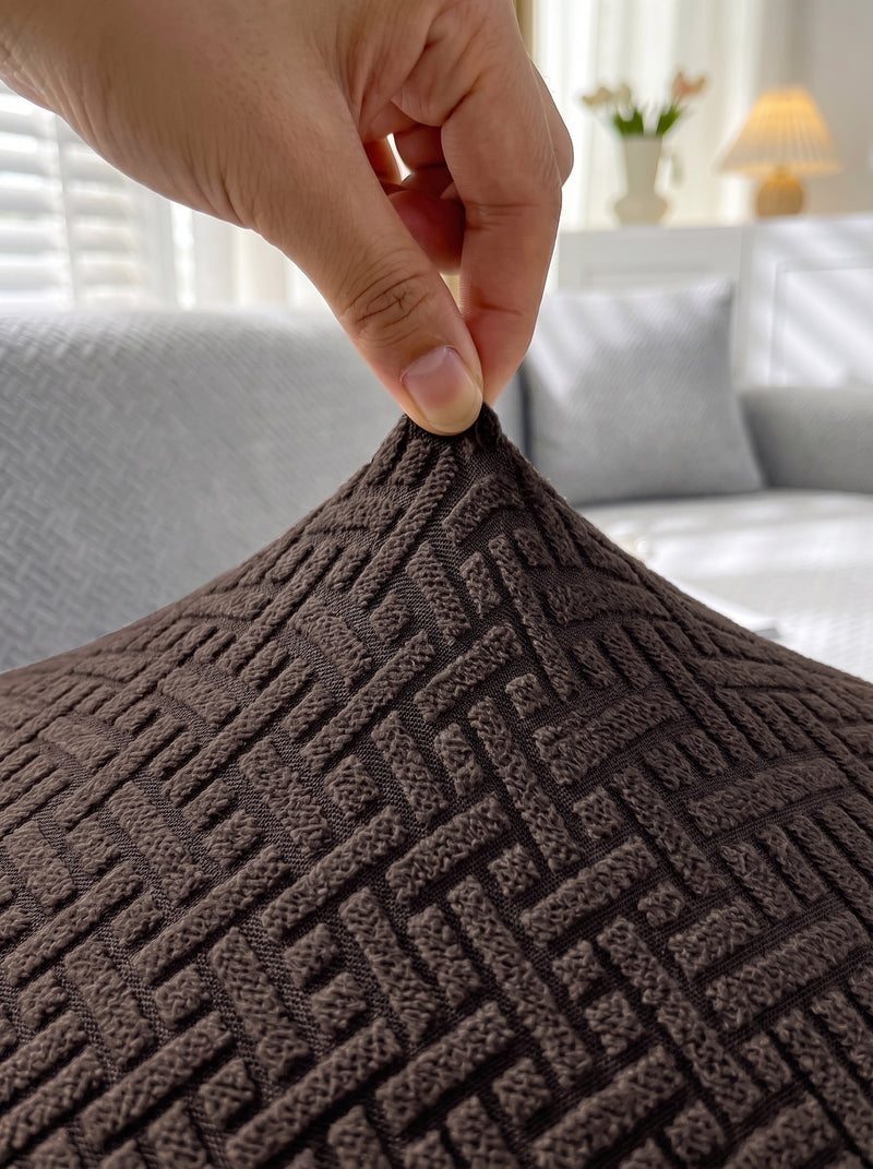 Emboss Brown Non-Slip Sticky Sofa Cover Set – 3+1+1 Seater Elastic Stretchable Polyester Slipcover
