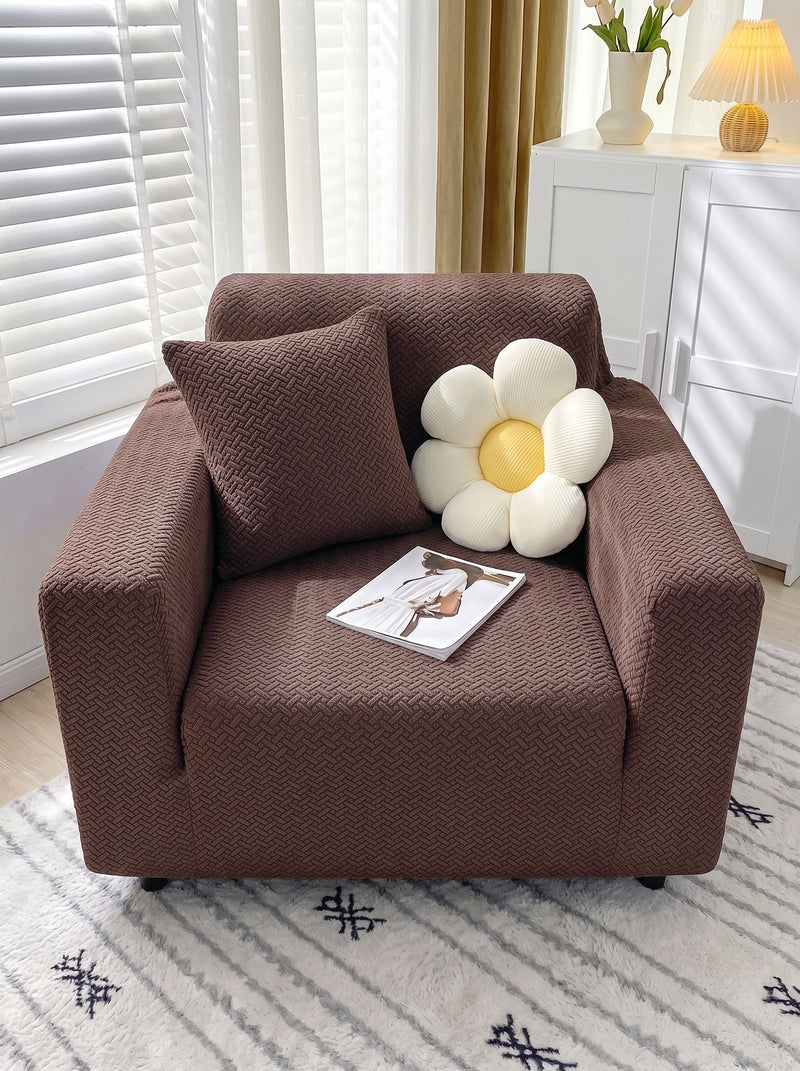Emboss Brown Non-Slip Sticky Sofa Cover Set – 3+1+1 Seater Elastic Stretchable Polyester Slipcover