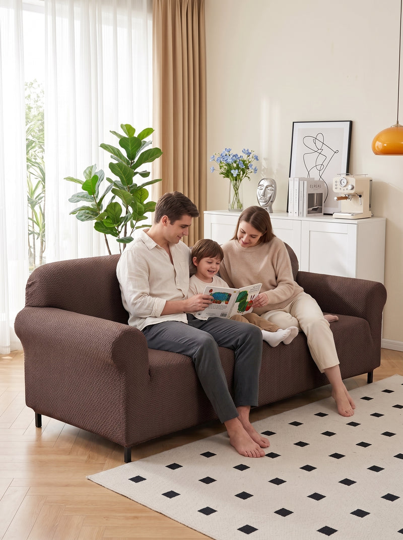 Emboss Brown Non-Slip Sticky Sofa Cover – 4 Seater Elastic Stretchable Polyester Slipcover Protector