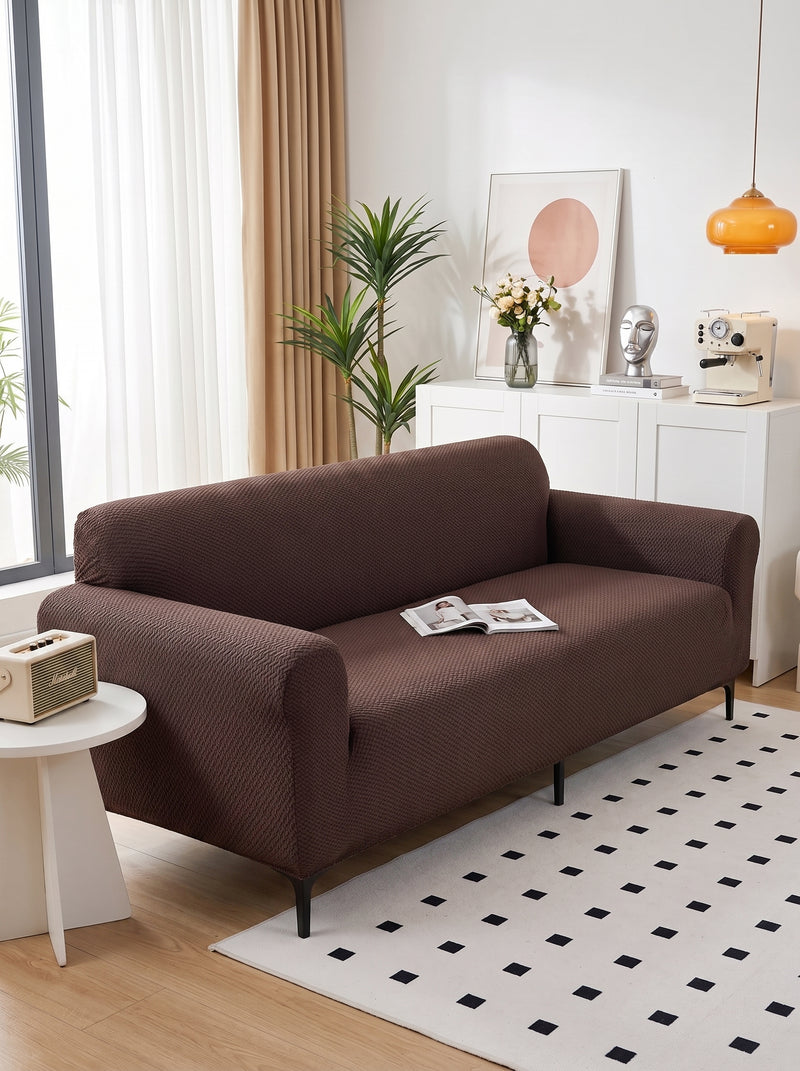 Emboss Brown Non-Slip Sticky Sofa Cover – 4 Seater Elastic Stretchable Polyester Slipcover Protector