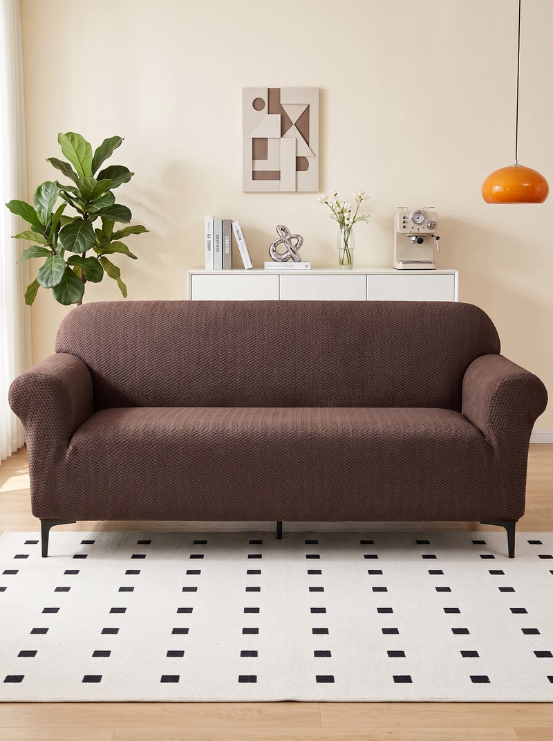 Emboss Brown Non-Slip Sticky Sofa Cover – 4 Seater Elastic Stretchable Polyester Slipcover Protector