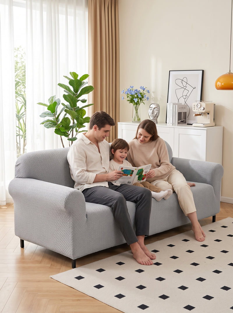 Emboss Grey Non-Slip Sticky Sofa Cover Set – 3+1+1 Seater Elastic Stretchable Polyester Slipcover