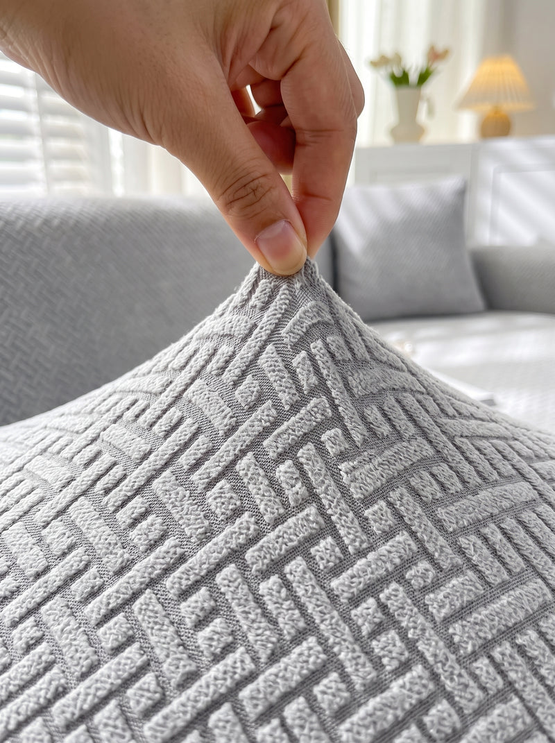 Emboss Grey Non-Slip Sticky Sofa Cover Set – 3+1+1 Seater Elastic Stretchable Polyester Slipcover