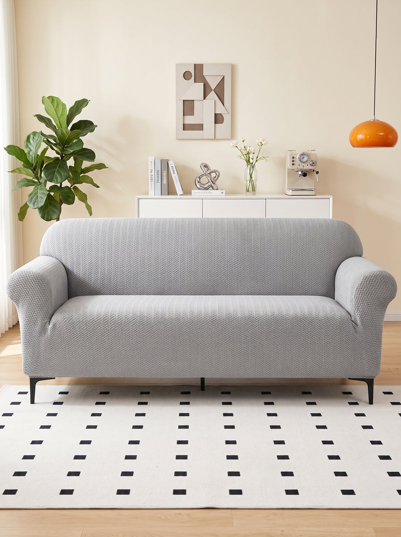 Emboss Grey Non-Slip Sticky Sofa Cover Set – 3+1+1 Seater Elastic Stretchable Polyester Slipcover