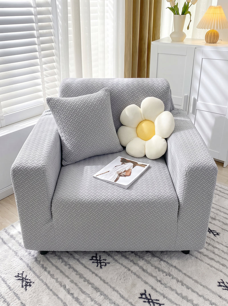 Emboss Grey Non-Slip Sticky Sofa Cover Set – 3+1+1 Seater Elastic Stretchable Polyester Slipcover